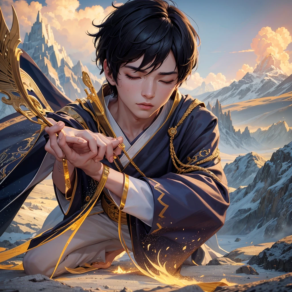 Zuko from Avatar the Last Airbender kneeling on the ground, praying with his eyes closed,detailed face,detailed hands,beautiful detailed eyes,beautiful detailed lips,extremely detailed face and eyes,longeyelashes,detailed robes,intricate patterns on the robes,detailed background with mountains,detailed clouds in the sky,warm lighting,vibrant colors,fantasy,digital art,cinematic lighting,photorealistic,8k,highres,best quality,masterpiece