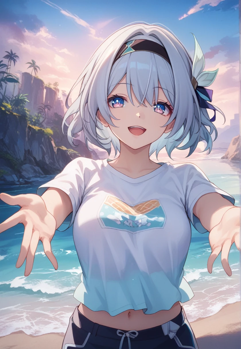 score_9, score_8_superior, score_7_superior, T-Shirts, 白いT-Shirts, Are standing, Cowboy Shot Smile, Open your mouth, Spread your arms,Sandy Beach, fire Fly \(Honkai: Star Rail\), hair ornaments,Black hair band, Medium bust, Nice hands, Perfect hands,Short Hair,Short Hair、Silver Hair