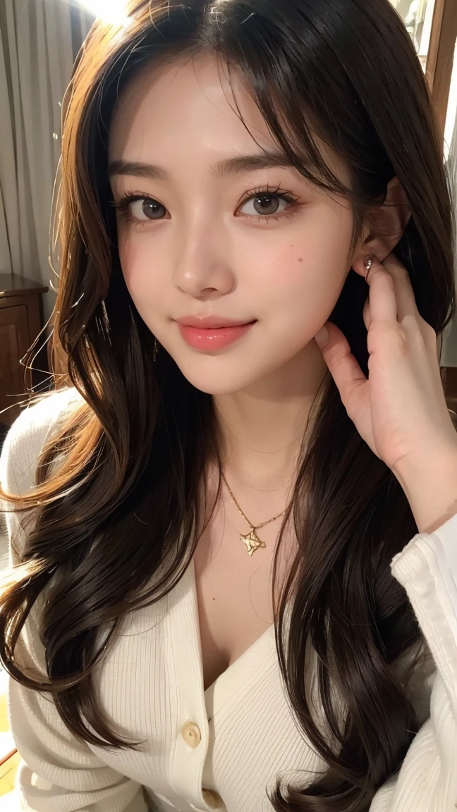 height: 170cm:1.5, 27 years old、Maintain this face and pose image:1.5、(big, length, double eyelid)、Pale face and brown eyes:1.3、非常に痩せたPale face and brown eyes:1.3, {RAW shooting、, Highest quality}, {{masterpiece}}, {Very delicate and beautiful}, Excellent light and shadow, Highly detailed wallpaper, Sunny and bright sunlight, whole body, whole body、 girl, , blush:1.2、Strong sunlight, Delicate hair,Realistic skin texture, B cup breasts、Fresh, like々Fresh skin, Broad shoulders:1.4, ((A strong light shines on your face:1.5)), :1.5, necklace、ring、Earrings、Toothy smile:1,5、smile:1.5, Ray Tracing, Sexy and seductive gestures、white long sleeve button up blouse_brown pleated mini skirt、gold necklace＿Large earrings、Super long brown hair,Hair with loose waves inside、Hair reaching down to the waist、full figure supermodel standing, entire body in frame、Place your left hand gently on your chin，look down at the viewer,from belowFrom an oblique angle above
