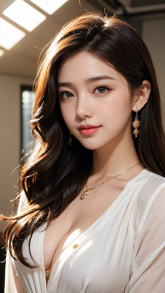 height: 170cm:1.5, 27 years old、Maintain this face and pose image:1.5、(big, length, double eyelid)、Pale face and brown eyes:1.3、非常に痩せたPale face and brown eyes:1.3, {RAW shooting、, Highest quality}, {{masterpiece}}, {Very delicate and beautiful}, Excellent light and shadow, Highly detailed wallpaper, Sunny and bright sunlight, whole body, whole body、 girl, , blush:1.2、Strong sunlight, Delicate hair,Realistic skin texture, B cup breasts、Fresh, like々Fresh skin, Broad shoulders:1.4, ((A strong light shines on your face:1.5)), :1.5, necklace、ring、Earrings、Toothy smile:1,5、smile:1.5, Ray Tracing, Sexy and seductive gestures、white long sleeve button up blouse_brown pleated mini skirt、gold necklace_Large earrings、Super long brown hair,Hair with loose waves inside、Hair reaching down to the waist、full figure supermodel standing, entire body in frame、Place your left hand gently on your chin,look down at the viewer,from belowFrom an oblique angle above