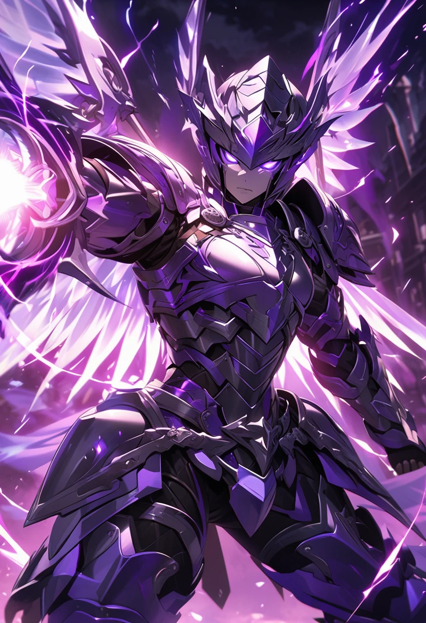 an extremely detailed 4k of a warrior clad in metal armor made of psychic energy with wings made of psychic energy as well, wielding a purple steel rapier