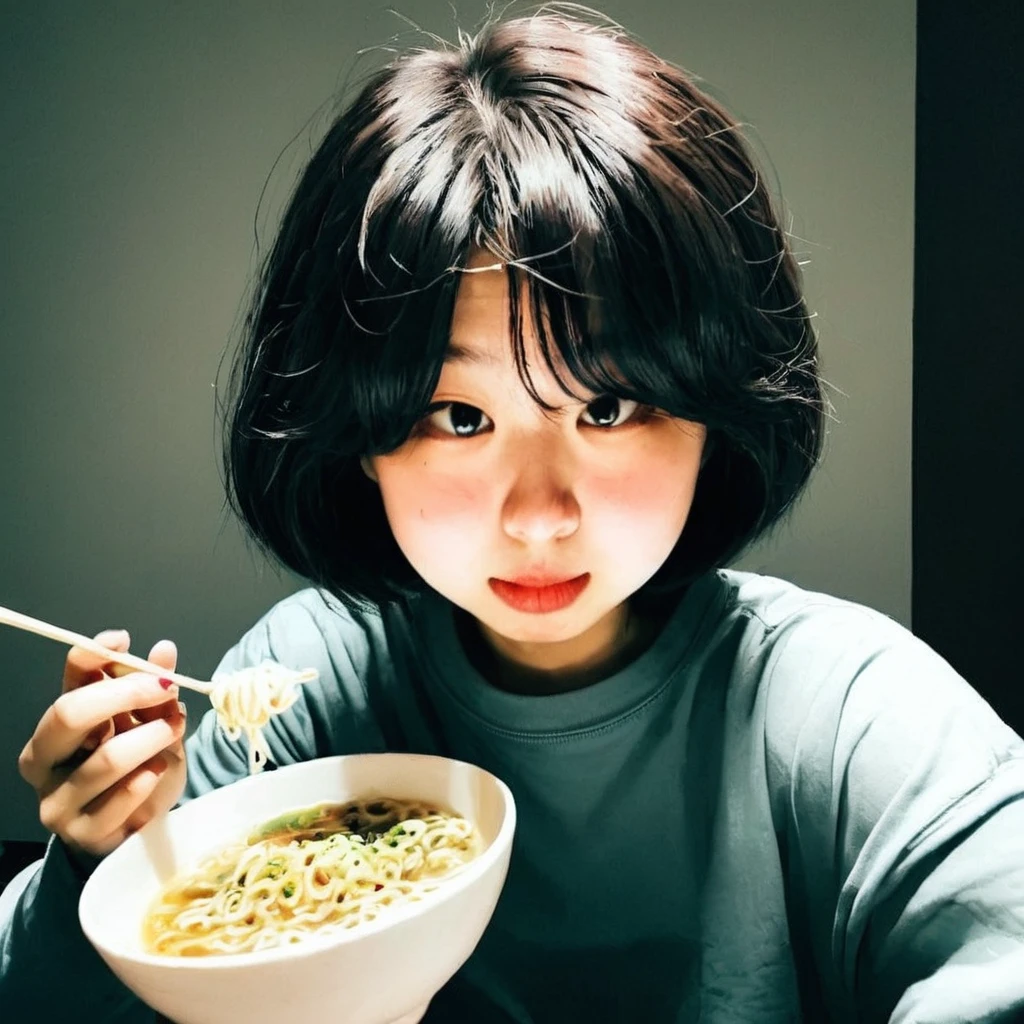 A girl with short hair and bangs is eating instant noodles