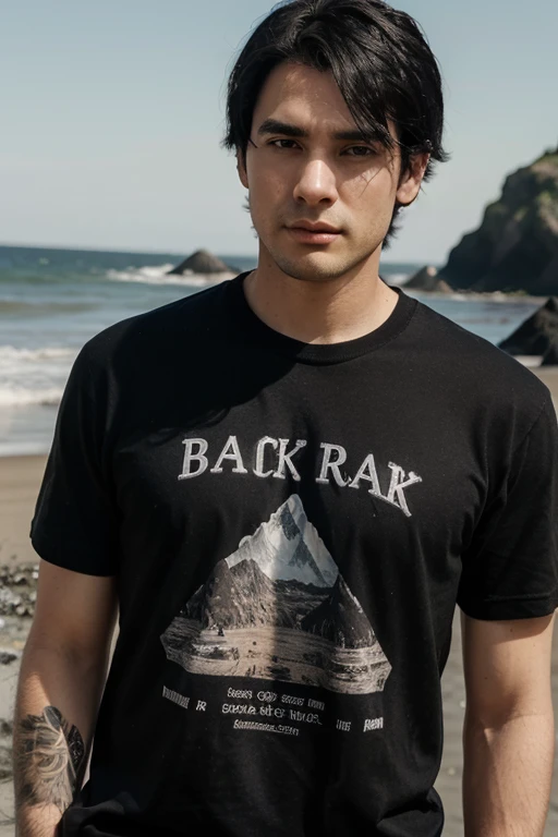 28 year old man with black hair, wearing a black rock shirt