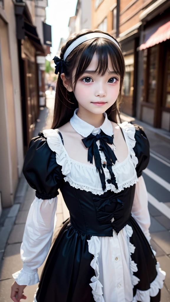 1girl, , Famous idol, 1cute girl, very young face, masterpiece, high quality, small face, (very small tits:1.8)Gothic lolita fashityle, dramatic angle:1.4, Stroll around town,half smile:0.5,(torn clothing:1.4)