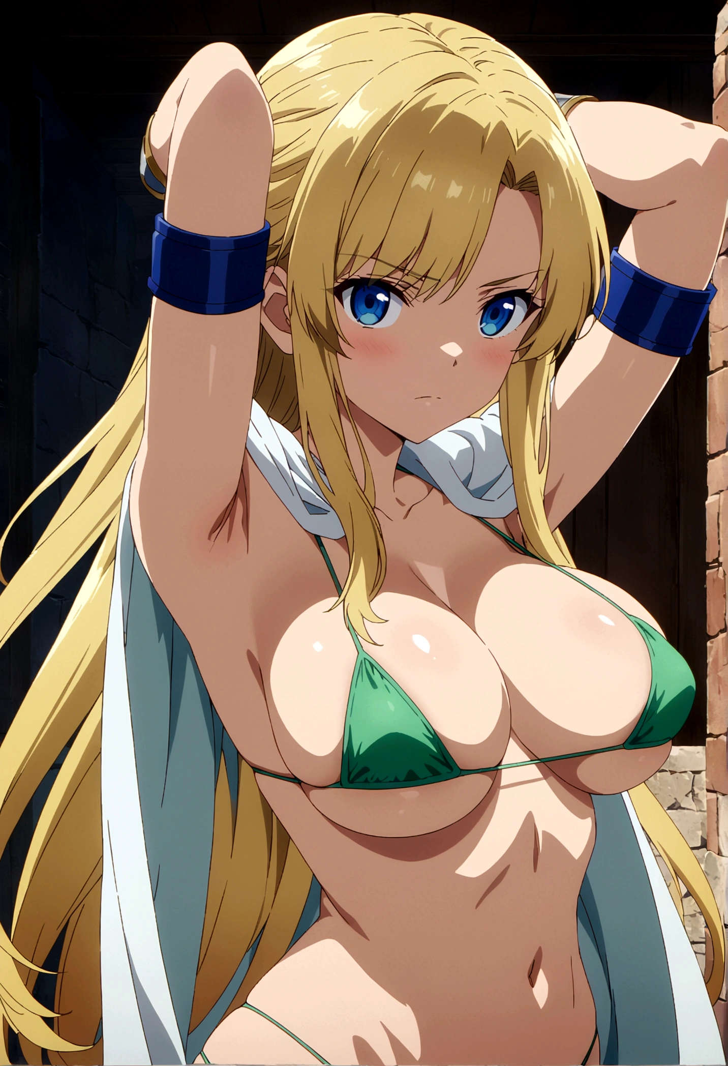 score_9, score_8_up, score_7_up,,BREAK source_anime, from side,front view,standing,straight-on,medium shot,looking_at_viewer,1girl, celes chere, final fantasy.blonde hair, blue eyes, (ultra micro bikini,green bikini),large breasts,cleavage, white cape, vambraces,bracer, very long hair, bangs, closed mouth,.tundere,, best quality,aesthetic,very aesthetic,masterpiece, highres, anime screenshot:0.5,arms up,armsbehindhead,armsinhair,