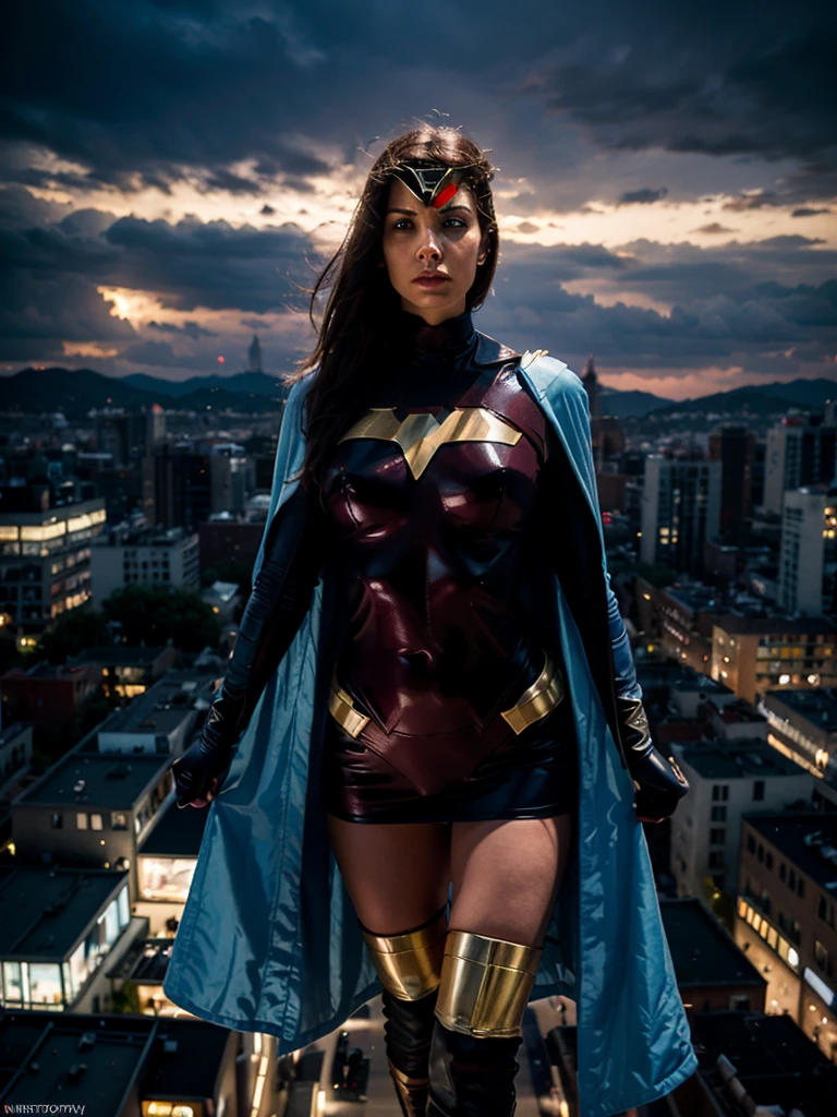 A mystical superhero floating in the sky over a modern city; realistic photography; highly detailed;