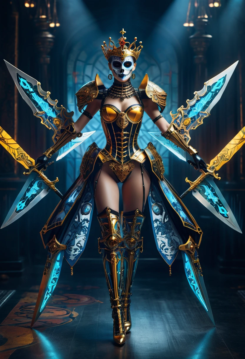 ( High quality , Ultra-detail, carefully with your hand )tarot card, chiaroscuro technique on sensual illustration of an queen of sword, a teenage fashion model wearing an exo-skeleton mask, vibrant colors, futuristic cyberpunk style, intricate details, cinematic lighting, dramatic pose, an elegant complex bio mechanical onyx and gold, intricate details, official art, unity 8k wallpaper, ultra detailed, beautiful and aesthetic, (in a room with black walls illuminated by violet neon lights :1.1)