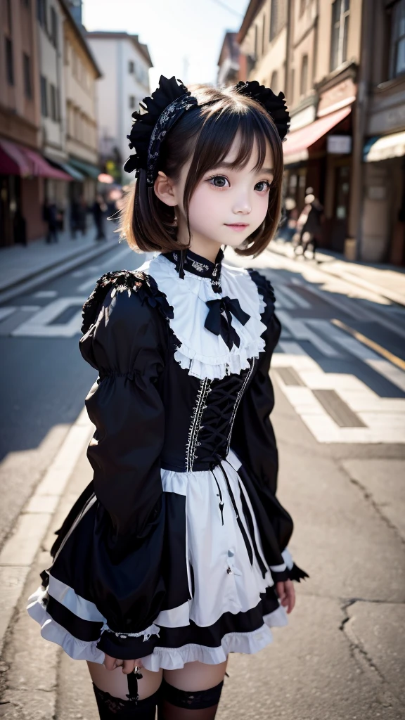 1girl, , Famous idol, 1cute girl, very young face, masterpiece, high quality, small face, （very small tits:1.8）Gothic lolita fashion style, dramatic angle:1.4, Stroll around town,half smile:0.5,(torn clothing:1.4)