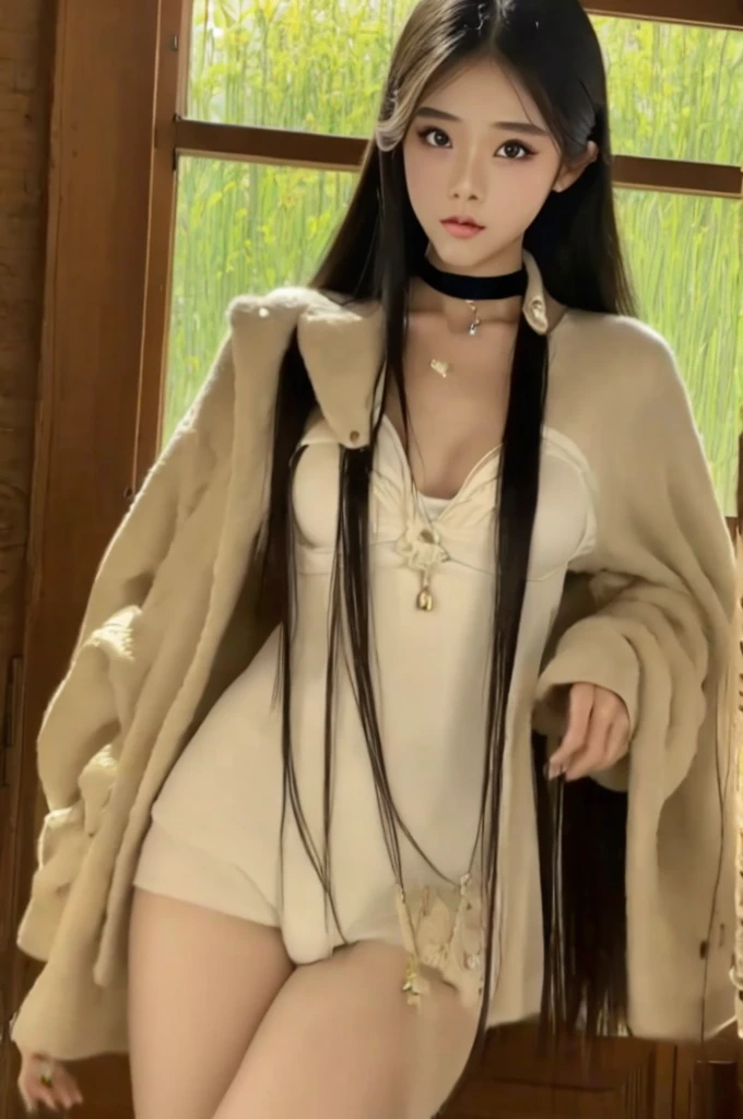 riz, (best quality), (Masterpiece:1.2), (realistic, photo-realistic:1.2), (Highly Detailed Face and Skin Texture), cowboy shot, (20 years old Japanese girl), cute face, Whitening Skin, Double Eyelids, (Absurdly Long Hair:1.5), (slim figure), (flat bust:1.1), long legs, (Black Straight Hair), (Choker), (白いフリルのピンクのワンピース)