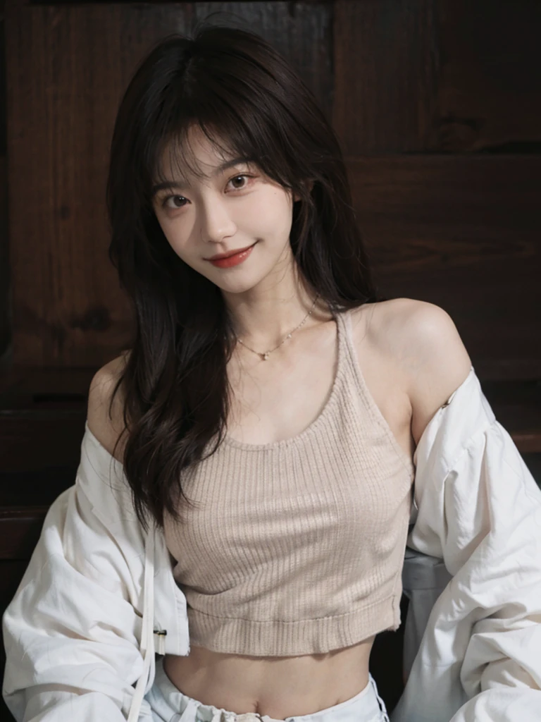 Best quality， Ultra-high resolution， （Realistically：1.4），Cute hairpin，Baoyu girl，1 Girl, Beautiful slim woman:1.4, Abdominal muscles:1.1, (Brown hair, Medium breasts:1.3), Long brown sweater:1.1, Solid color background，,Ultra-thin face，，Exquisite eyes，Double eyelids，Smile，Necklace