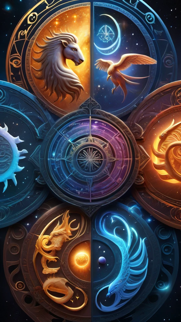 a highly detailed fantasy illustration depicting all 12 zodiac signs, intricate celestial patterns, complex astrological symbols, stunning cosmic background, glowing ethereal energy, dynamic composition, vibrant colors, masterful digital painting, photorealistic, 8k, (best quality, masterpiece:1.2), (realistic:1.37), cinematic lighting, chiaroscuro, moody atmosphere