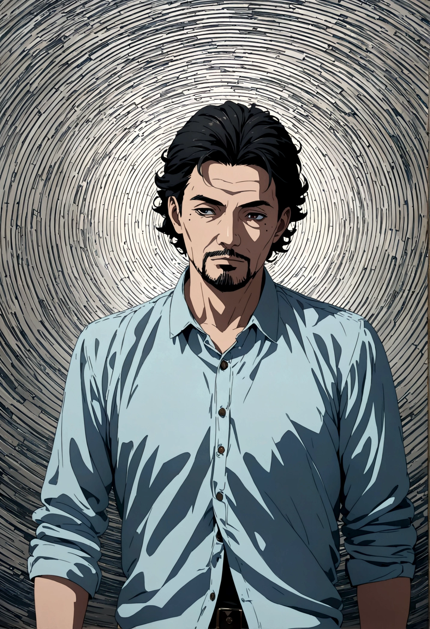 A middle-aged man with mid-length black hair, a mole under his eye, and facial hair, in a cowboy shot, Conceptual art, Op art, anime style, masterpiece quality, accurate details, 1080P, 4K