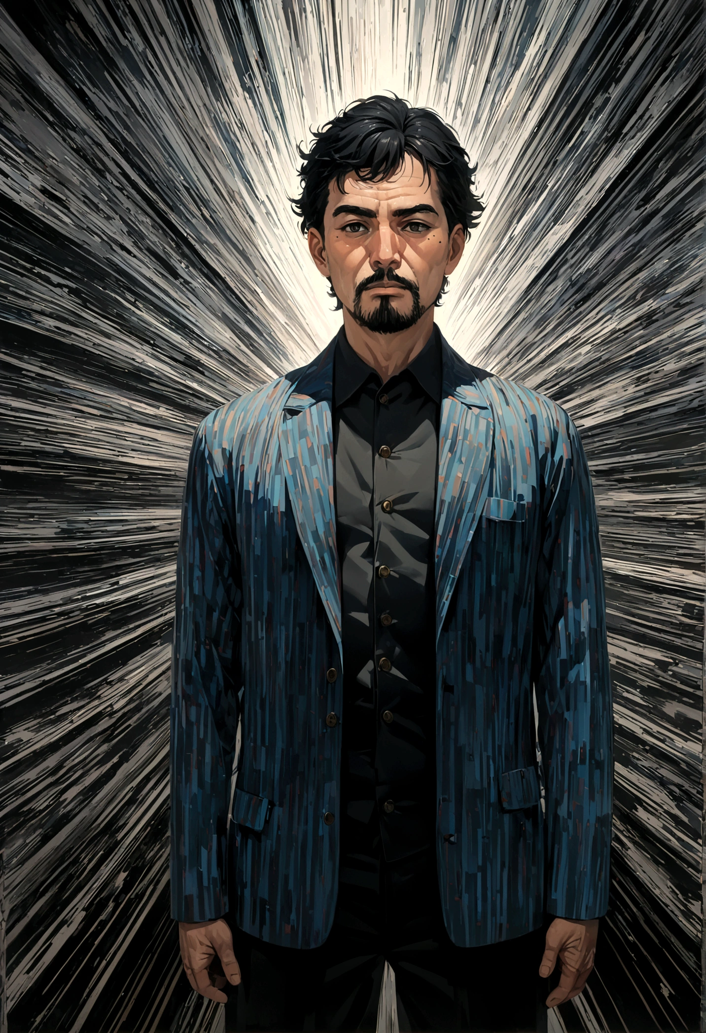 A middle-aged man with mid-length black hair, a mole under his eye, and facial hair, in a cowboy shot, Conceptual art, Op art, anime style, masterpiece quality, accurate details, 1080P, 4K