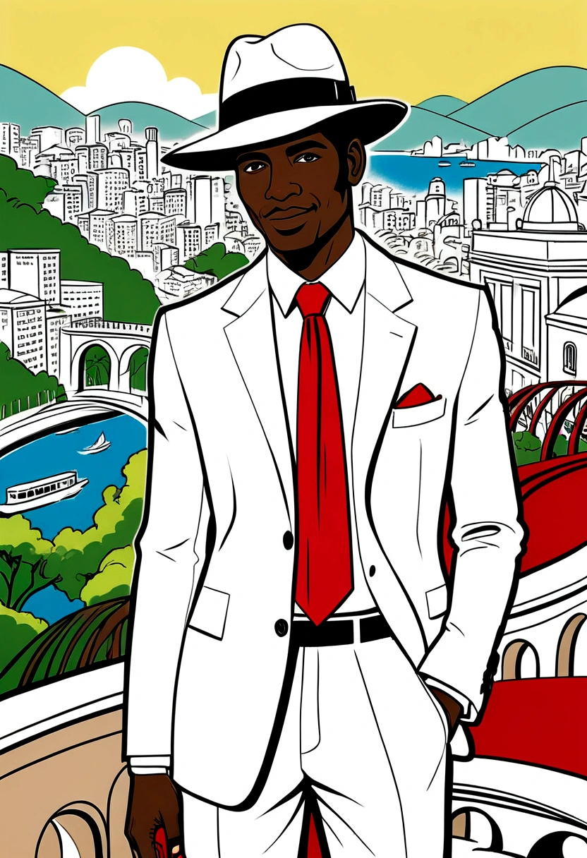 Create a poster image for a retro-themed poster. The art of sketches, pen doodles should have a textured background with pastel colors and a drawing of a black man in a white suit and stylish red tie with a panama hat. Add retro graphic elements from images of Rio de Janeiro such as the lapa arches, cable car, sugar loaf that are tourist attractions in Rio de Janeiro to complement the design.