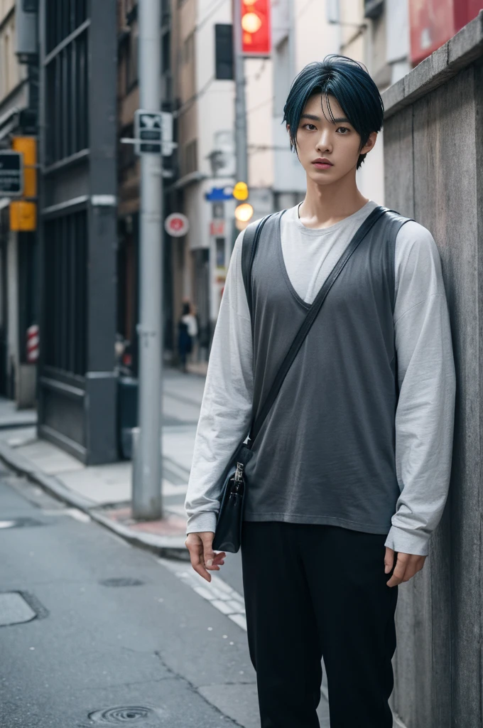 Japanese male with a height of 175 cm,Slender body with slightly muscular lines,The balance ratio of the upper body to the lower body is 1:2,blue hair,Gray long sleeve T-shirt,Black vest,Black pants,Khaki mid-length coat,leather bracelet,white sneakers,Gray leather shoulder bag,Stand in the street,Mystery,Full of confidence,shadowed impression,A bit scary appearance