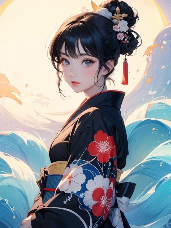 (Highest quality、masterpiece、High resolution、8K)、Ukiyo-e、Vibrant colors、Katsushika Hokusai、1 female、Black hair Japanese topknot、The kimono has a vivid floral pattern on a white background.、Official Art、背景はUkiyo-e風、White waves and Mt. Fuji、Flowers and Moon、White waves and the moon