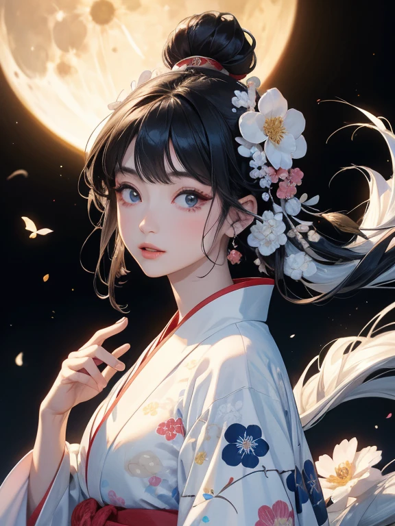 (Highest quality、masterpiece、High resolution、8K)、Ukiyo-e、Vibrant colors、Katsushika Hokusai、1 female、Black hair Japanese topknot、The kimono has a vivid floral pattern on a white background.、Official Art、背景はUkiyo-e風、White waves and Mt. Fuji、Flowers and Moon、White waves and the moon