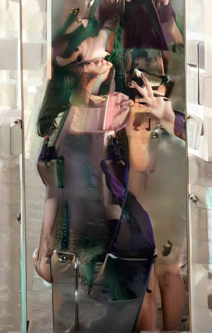 araffe woman with green hair taking a selfie in a mirror, nude, perfect body, succubus, perfect breasts, tan lines, perfect skin, sexy naked body, gorgeous female jade tailor, amouranth, hourglass ⌛️, sexy look, sexy girl with green eyes