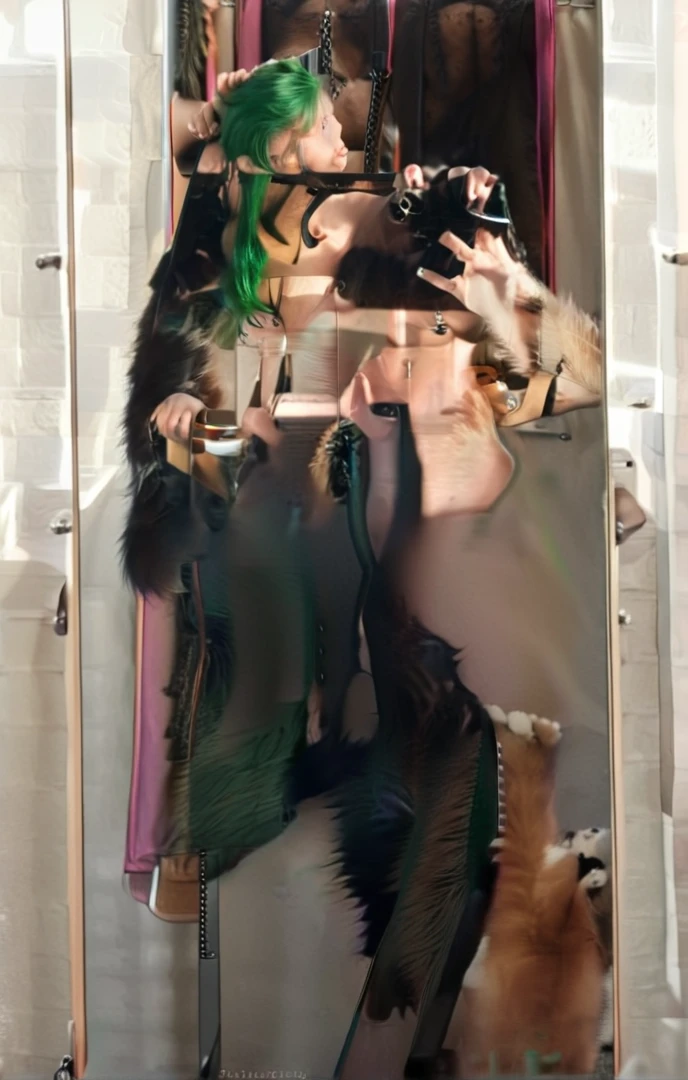 araffe woman with green hair taking a selfie in a mirror, nude, perfect body, succubus, perfect breasts, tan lines, perfect skin, sexy naked body, gorgeous female jade tailor, amouranth, hourglass ⌛️, sexy look, sexy girl with green eyes