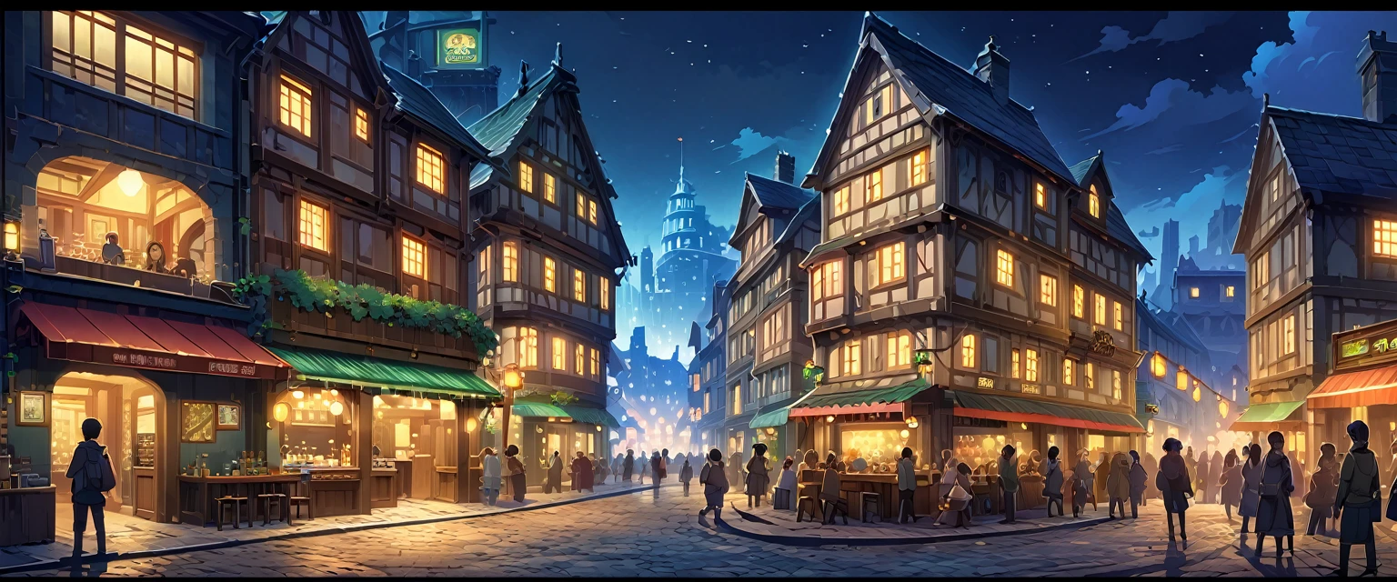 town,欧洲中世纪的town,Bustling market,Pub、hotel、Traveler,There are all kinds of people。night,Night view。Mid-ground composition,Panorama pictures,Scene screen,Game concept art style,Anime illustration style,HD,4K。