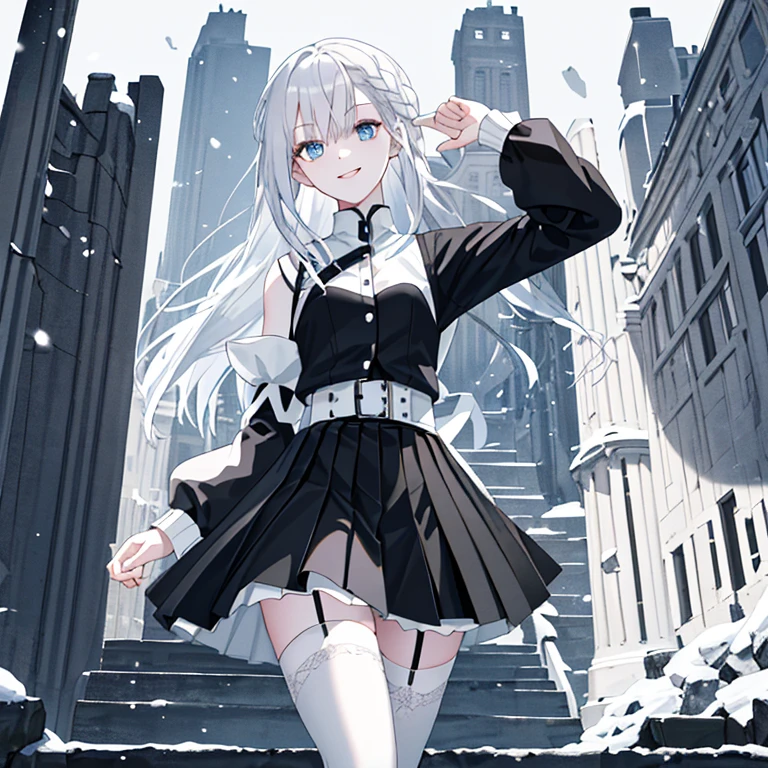 A young woman is the central figure。She stood inside a beautiful landscape,It was a nigh beautiful。Her hair is snow-white,elegant clothing,Black stockings,short skirt, (Masterpiece, Best quality, ultra high resolution), 1 girl, Silver hair, Pale skin, Beautiful detailed face, Detailed eyes, posing on a, On a white background, Dynamic lighting, dynamic shadowing, looking at viewer, White stone punk fashion,(Posing for a photo),((White clothes)), (((black thigh highs))), jean shorts, skirt, white sweater, ((Blue eyes)), happy, smiling, black straps, black strap design, ((Long white hair)), energetic, cheerful, cityscape background, (((long black sleeves))), ((long black sleeves)), black sleeves