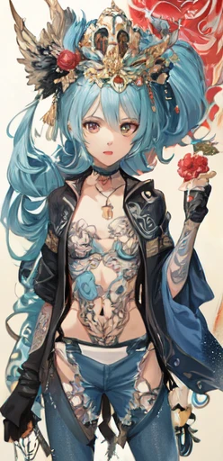 Ultra-high-definition 2D art, close up (1womanl), hair light blue, 2D animation style, Soft and delicate representation, Also pay attention to your full body tattoos (full - body art), landscape mode, masterpieces by Guweiz and James Jean, tattoo expert designs by CGSCOSITY, etc.. A beautiful blue-haired girl who has become a hot topic in Japan's trending art season.