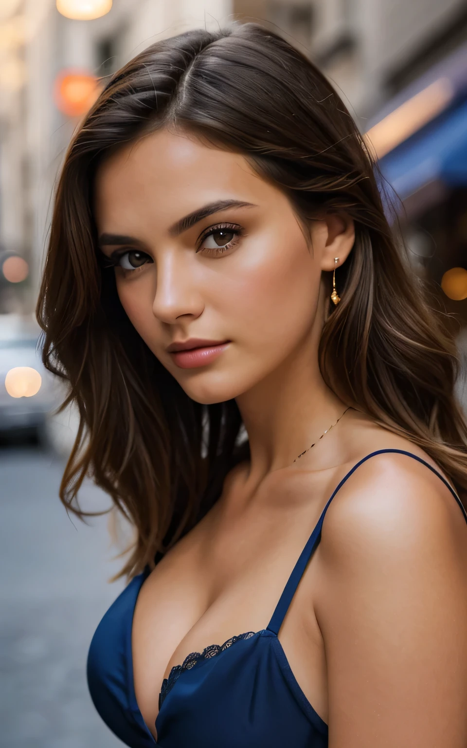 photography of stunning girl, in the city, enjoying, girl, summer, hot girl, (((small bust))), brunette hair, looks into the camera, symmetrical face, photorealistic, photography, spectacular lighting,, gorgeous, cleavage, western, (masterpice), best quality, high resolution, extremely detailed, skin with pores, blurred background, depth of field, cinematic lighting, EUROPE, cinematic lighting