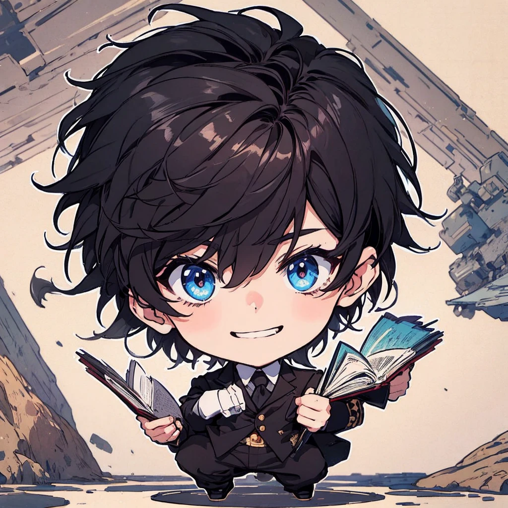 best quality , a man , reading , chibi anime man , smile , black hair , suit , solo