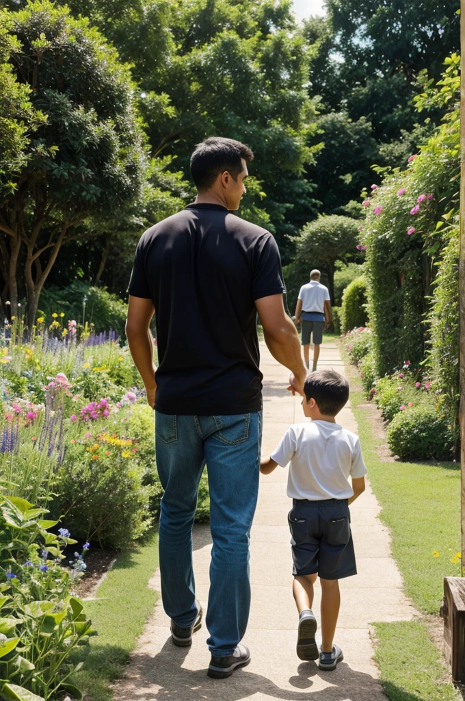 A father and his son were walking on the way to the garden (Nature View