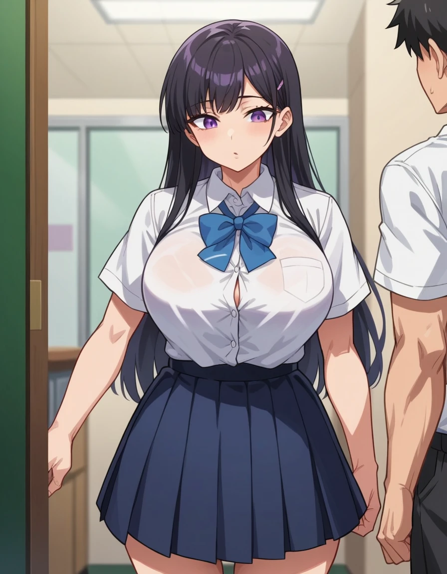 SFW, Realistic,Best image quality, Tabletop, Town,Alley,Very fine, Extremely hot standing (Woman 1) Use something sexy ((naked)), (Highlighted Hair, long dark dark blue hair,Beautiful detail body, きらきら輝くBlack eyes,)、(Black eyes)、(((naked)),(Big Breasts)、 (Big Ass), (Thick thighs), (Fearful expression), Blushed, old small man ass groping Woman 1 from behind,(((old small man pressing his chest on Woman 1 back))) and (((Hold her back by her waist)))naked,naked,Sex