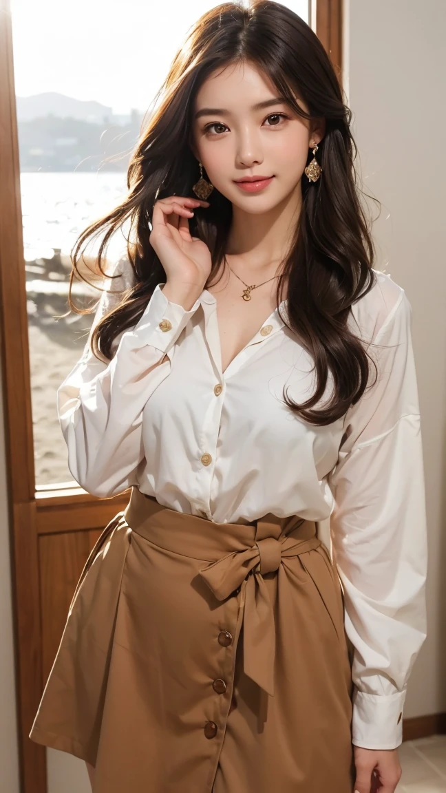 height: 170cm:1.5, 27 years old、Maintain this face and pose image:1.5、(big, length, double eyelid)、Pale face and brown eyes:1.3、非常に痩せたPale face and brown eyes:1.3, {RAW shooting、, Highest quality}, {{masterpiece}}, {Very delicate and beautiful}, Excellent light and shadow, Highly detailed wallpaper, Sunny and bright sunlight, whole body, whole body、 girl, , blush:1.2、Strong sunlight, Delicate hair,Realistic skin texture, B cup breasts、Fresh, like々Fresh skin, Broad shoulders:1.4, ((A strong light shines on your face:1.5)), :1.5, necklace、ring、Earrings、Toothy smile:1,5、smile:1.5, Ray Tracing, Sexy and seductive gestures、white long sleeve button up blouse_brown pleated mini skirt、gold necklace_Large earrings、Super long brown hair,Hair with loose waves inside、Hair reaching down to the waist、full figure supermodel standing, entire body in frame、Place your left hand gently on your chin,look down at the viewer,from belowFrom an oblique angle above、walking by the ocean at sunrise