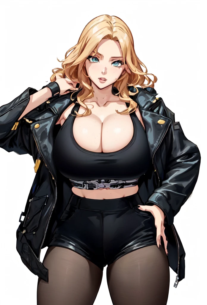 Anime girl in black leather jacket and black shorts posing., anya from the spy family x, Thick, I will also make fanart., April render, from front line girls, seductive anime girl, oppai, cyberpunk oppai, fine details. front line girls, biomechanical OPPAI, oppai proportions, beautiful and seductive anime woman, female protagonist 👀 :8