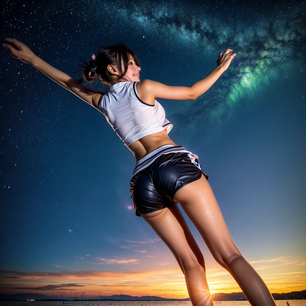 ((ExtremelyDetailed ( KAWAII Girl Floating:1.37) in WHITE at Dusk Enoshima Beach)), (masterpiece 8K TopQuality) (ProfessionalPhoto:1.37), {(Standing Full Body:1.2)|(from below:1.2)}, Different types of hair colors, {(White skinny(School Swimwear))|(SchoolUniform with WhiteSkinny LowRise shorts)}, {Detailed Childish hand|Hidden hand|Armpit|Different types of breasts of various sizes from HUGE to FLAT|(Clearly Visible the shape of Butt)}, Joyful Expressions LifeLike Rendering, PerfectLighting, Dazzling Horizon, (Starry IridescentParticles) ColorfulClouds