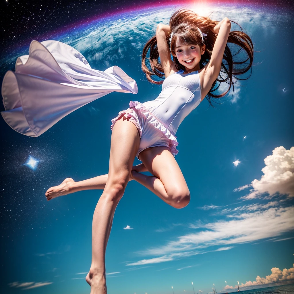 ((ExtremelyDetailed ( KAWAII Girl Floating:1.37) in WHITE at Dusk Enoshima Beach)), (masterpiece 8K TopQuality) (ProfessionalPhoto:1.37), {(Standing Full Body:1.2)|(from below:1.2)}, Different types of hair colors, {(White skinny(School Swimwear))|(SchoolUniform with WhiteSkinny LowRise shorts)}, {Detailed Childish hand|Hidden hand|Armpit|Different types of breasts of various sizes from HUGE to FLAT|(Clearly Visible the shape of Butt)}, Joyful Expressions LifeLike Rendering, PerfectLighting, Dazzling Horizon, (Starry IridescentParticles) ColorfulClouds