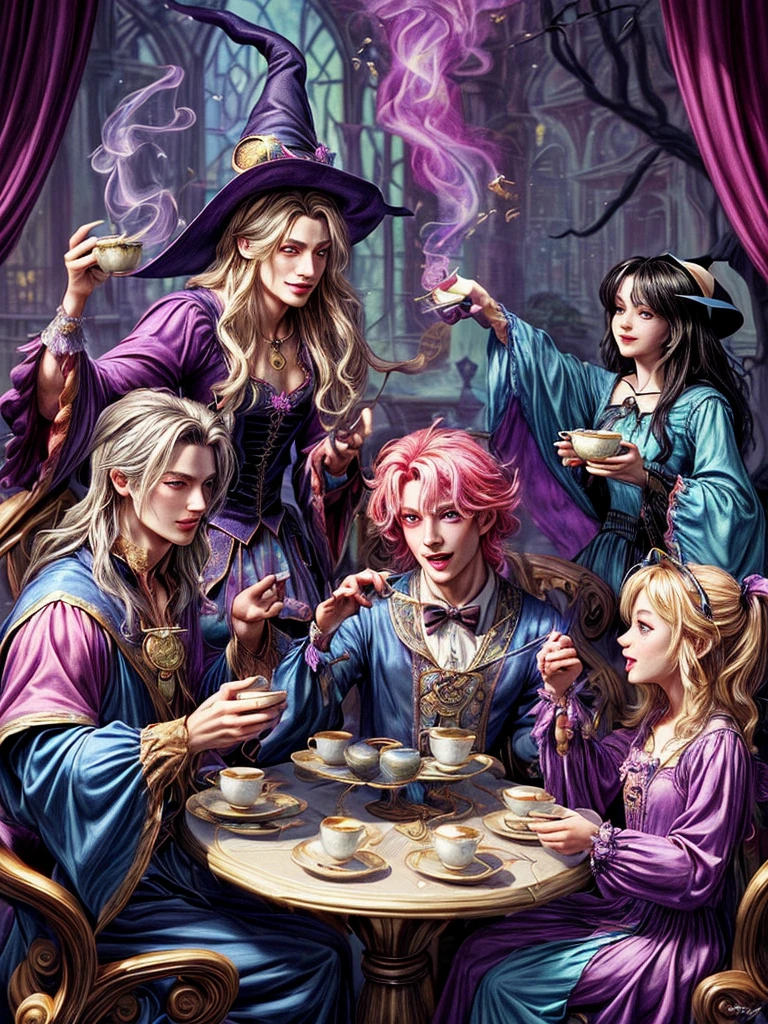 Masterpiece, best quality, wizard tea party, magic tea party, magic, chibi, handsome male witch, highly detailed realistic eyes, happy, energetic, witch, colorful, rich expressions, rich eyes