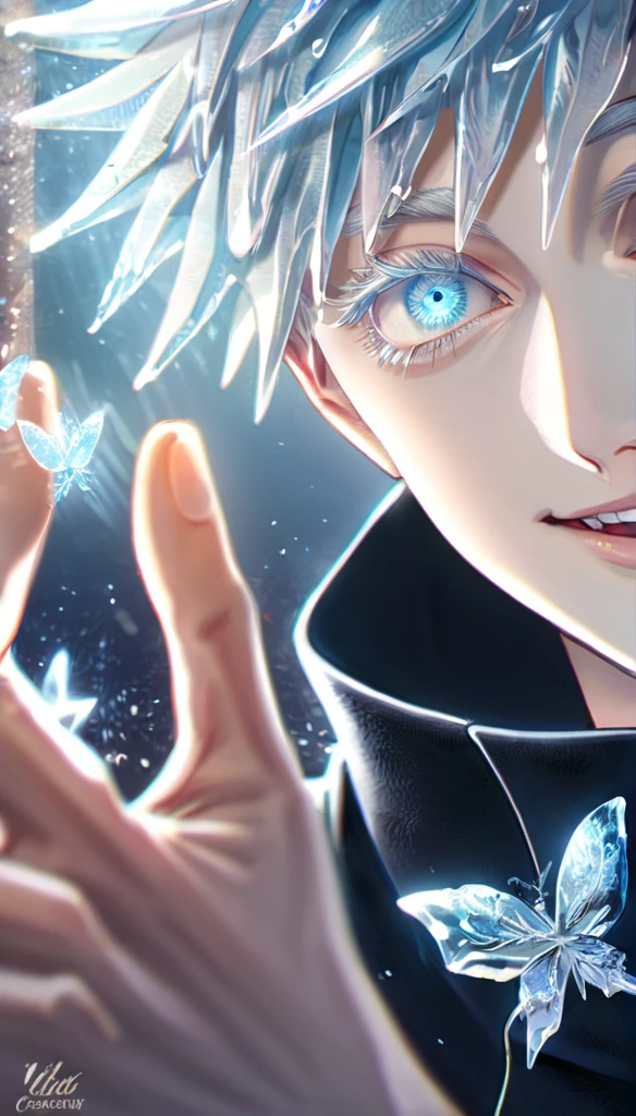 absurdres, highres, ultra detailed, HDR, master piece, best quality, extremely detailed face, delicated features, Gojou Satoru, white hair, with bangs, expressive blue eyes, white eyelashes, Jujutsu Kaisen, sexy man, solo, handsome, smiling, black coat, fantasy, magical, ice, ice butterflies, snowflakes, starry night, ice style,Better quality, better resolution
