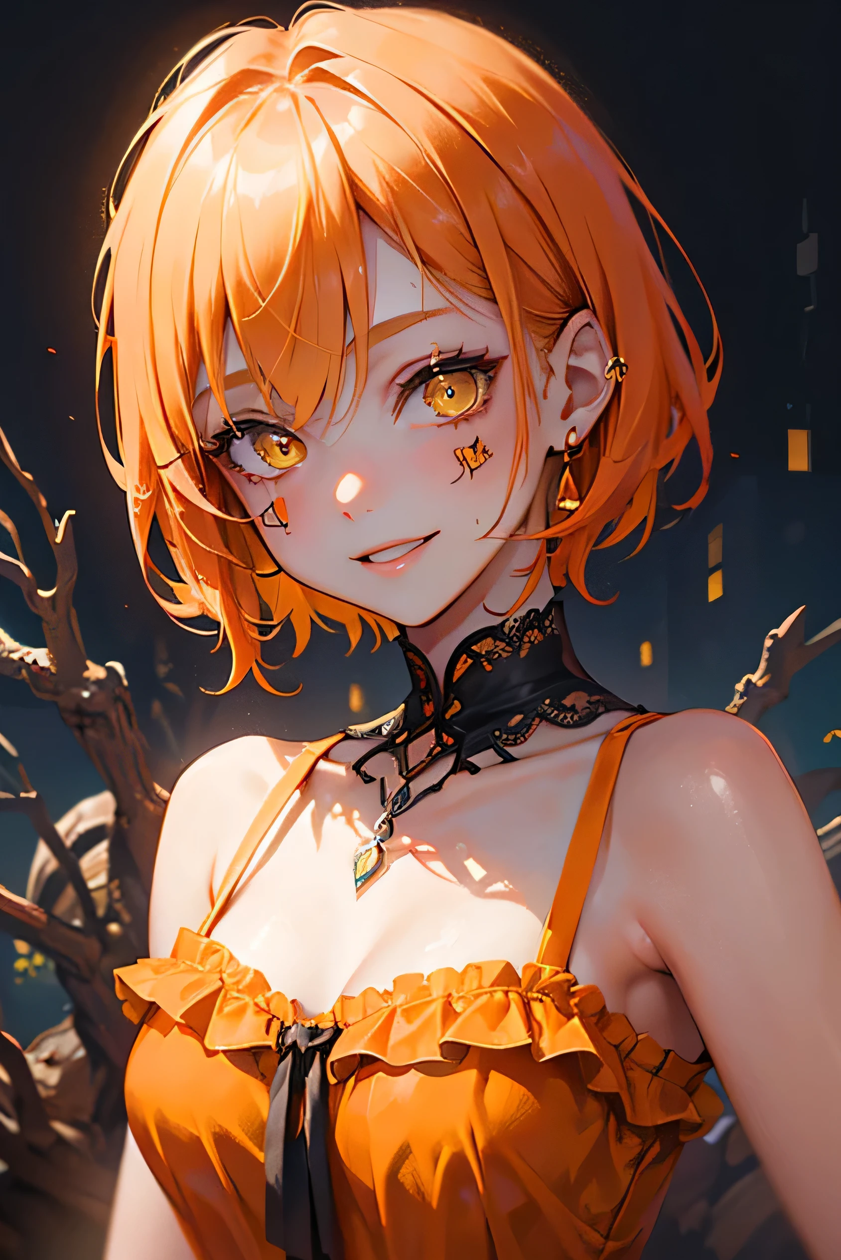 Beautiful adult woman、((Orange short hair))(Yellow Eyes)、(Wearing a zombie dress)、In town、Face close-up、smile、Halloween