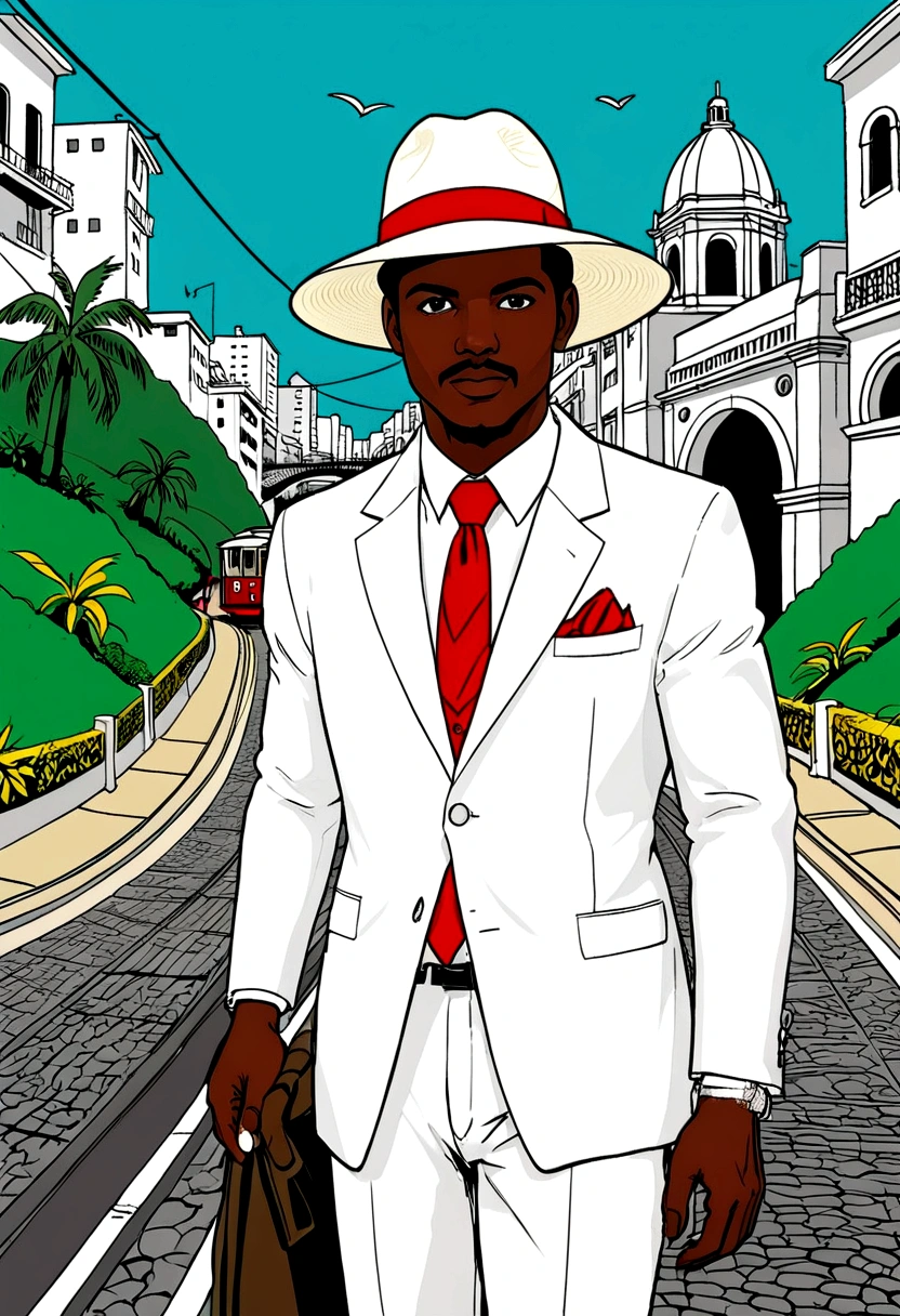 Create a poster image for a retro-themed poster. The art of sketches, pen doodles should have a textured background with pastel colors and a drawing of a black man in a white suit and stylish red tie with a panama hat.  Add retro graphic elements from images of Rio de Janeiro such as the lapa arches, cable car, sugar loaf that are tourist attractions in Rio de Janeiro to complement the design.