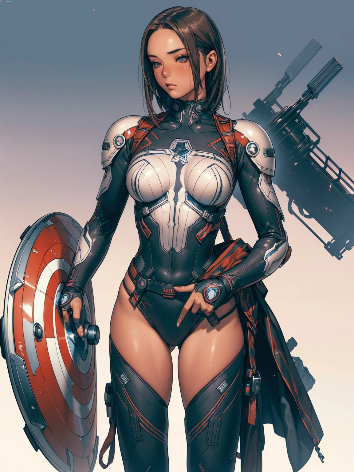 (((Captain America))), ((best qualityer)), (((dark blue with white stars))), (((red and white stripes))), (((slim))), (Muscles), (((fit body armor suit))), ((Perfect masterpiece)), (detailded: 1.4), (absurdrez), (((long hair with heavy bangs covering the entire forehead))), (((full body fitness, Venom symbol)), (((short hair woman, blushful))), 21 year old woman, beautiful sexy woman, giant robot pilot, wild with perfect corpo fitness, wearing small mecha battle armor clothes, tiny thong, Shonen manga style, clothing with Japanese cyberpunk graphic patterns, Halftone pattern and vertical stripes, earth tone, exiting the body of a giant robot, (((cowboy shot)))