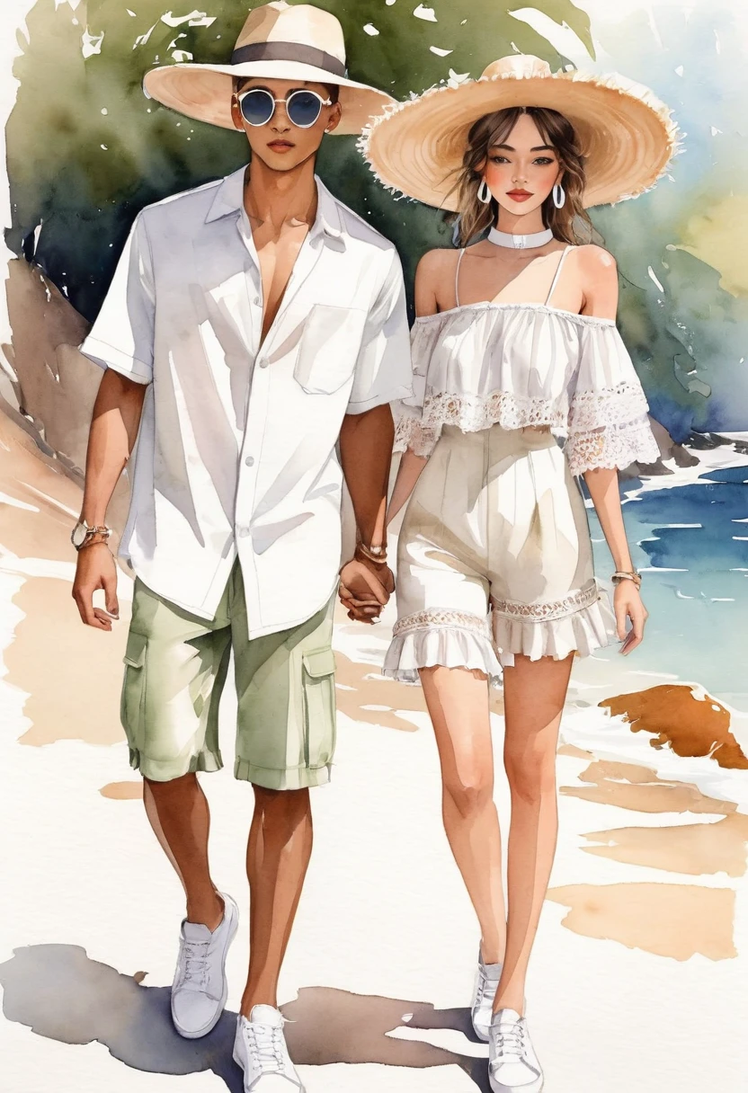 candid fashion illustration of young Mixed race man and woman, both aged 25 year old, ((showcase fashion look book in pale Earth tone outfits)), inspired by Jacquemus's resort collection 2022, in elegant young chic bohemian style. The man wears an oversized short-sleeved stripe shirt lace details, paired with relaxed-fit white Wide Leg short pants, comfortable and a classic silhouette. He completes his look with white sneakers and round glasses. The woman complements him in a white mini sun-dress, in cotton woven fabric frill-trimmed neckline with minimal lace detail, Her ensemble includes an accessorizes with a wide-brimmed straw hat, white sneakers, Captured in a dynamic angle, ((full-body image)), ((imperfect pale water color background)), sketching, realistic drawing, imperfect water color drawing, fashion look book, fashion illustrator, sketch design, Chic Boho, water color palette,