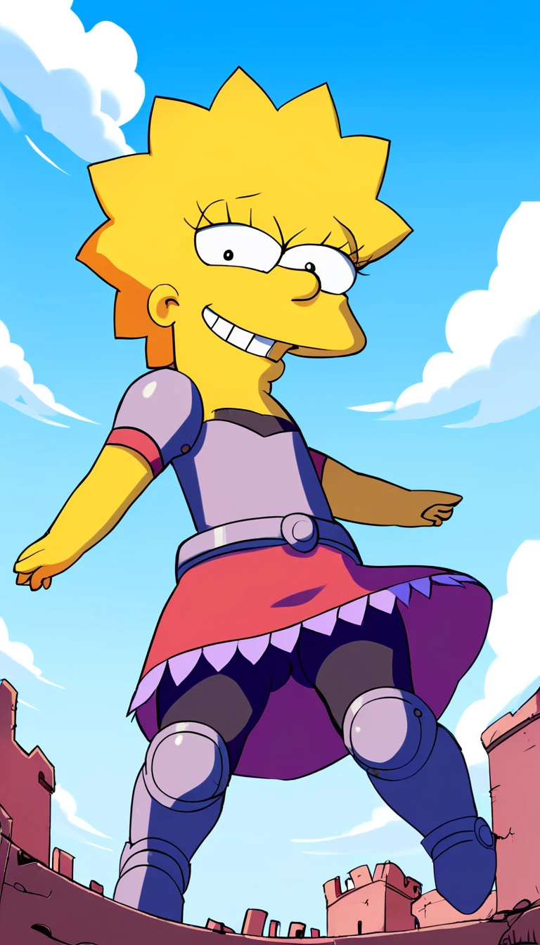 source_cartoon, (((1girl, solo, alone, lisa_simpson, short hair, flat chest, colored skin, yellow skin, shortstack))), looking at viewer, smile,

      duvaliearmor, armor, armored dress, winged visor, wing ornament, bodysuit, black bodysuit, pantyhose, armored boots, greaves, red skirt, OUTDOORS, SKY, CLOUDS, 

 sexy pose, dynamic pose, dynamic angle, cowboy shot,

outdoor, ruins,