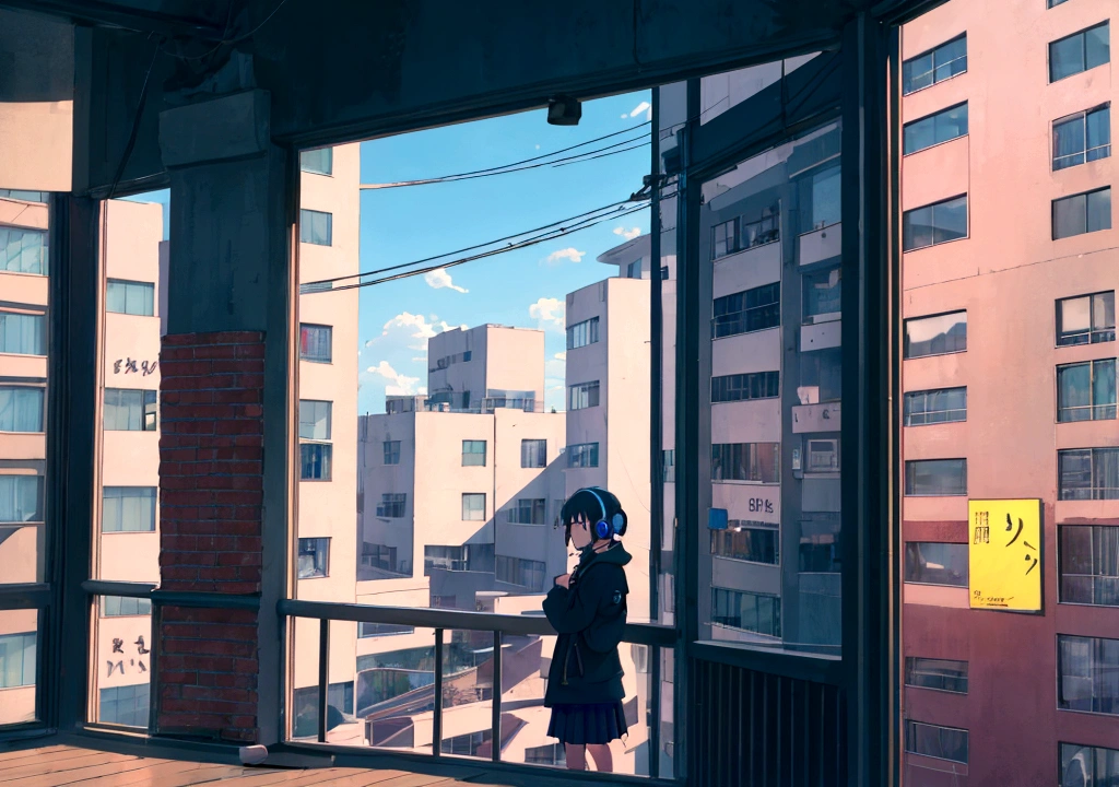 Anime girl wearing headphones looking out the window at the city, Lo-fi Girl, Anime atmosphere, Lofi Artstyle, Anime Style 4k, Anime Aesthetics, Lo-fi feeling, Lofi Art, anime art wallpaper 4k, anime art wallpaper 4k, anime wallpaper 4k, anime wallpaper 4k, An atmosphere of praise, Kaisei and Artgelm