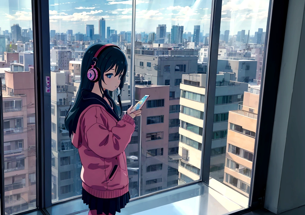 Anime girl wearing headphones looking out the window at the city, Lo-fi Girl, Anime atmosphere, Lofi Artstyle, Anime Style 4k, Anime Aesthetics, Lo-fi feeling, Lofi Art, anime art wallpaper 4k, anime art wallpaper 4k, anime wallpaper 4k, anime wallpaper 4k, An atmosphere of praise, Kaisei and Artgelm