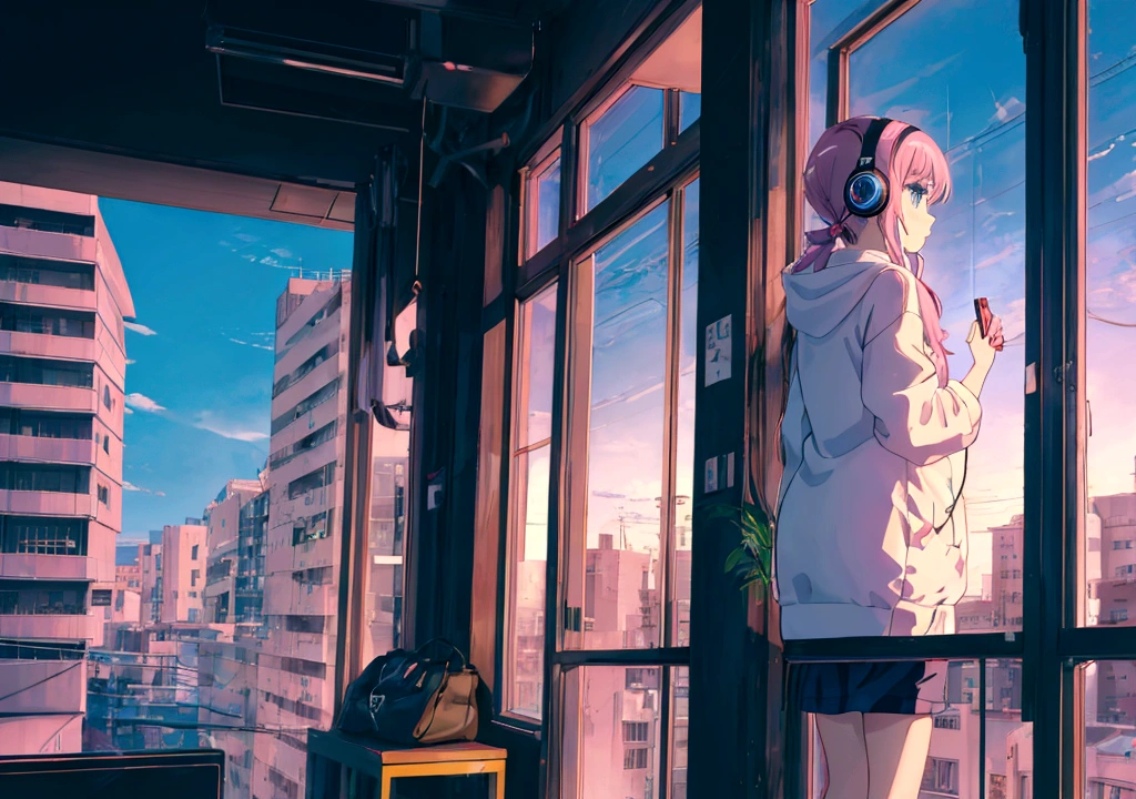 Anime girl wearing headphones looking out the window at the city, Lo-fi Girl, Anime atmosphere, Lofi Artstyle, Anime Style 4k, Anime Aesthetics, Lo-fi feeling, Lofi Art, anime art wallpaper 4k, anime art wallpaper 4k, anime wallpaper 4k, anime wallpaper 4k, An atmosphere of praise, Kaisei and Artgelm