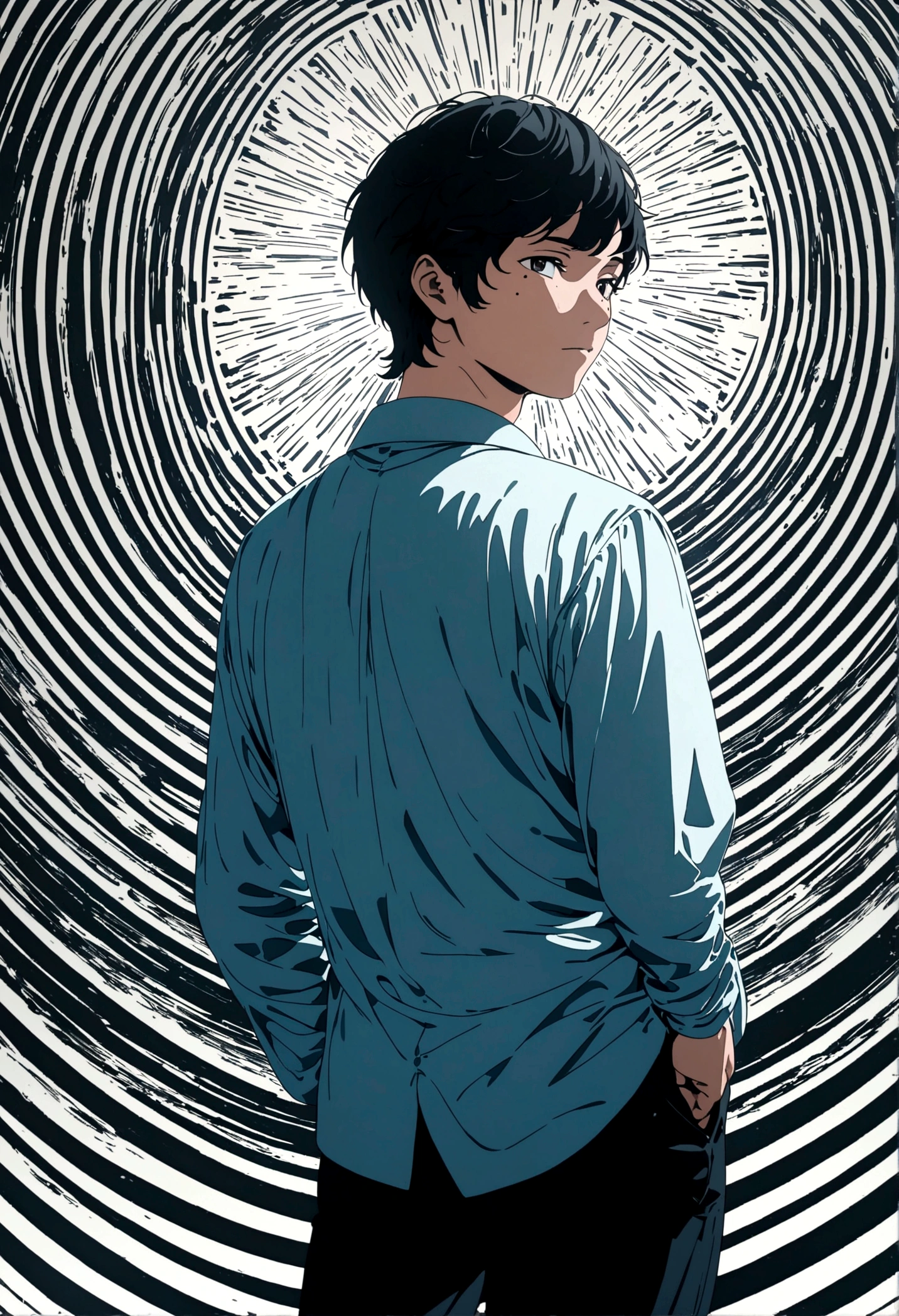 A middle-aged man with black hair, a mole under his eye, in a cowboy shot, Conceptual art, Op art, anime style, masterpiece quality, accurate details, 1080P, 4K