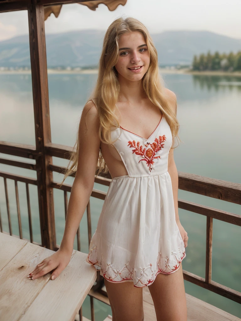 hannahhays, ugly:1.2, solo, (realistic, photorealistic, hyperrealistic, ((Greek woman, Greek features)), (((18 years old, 18 year-old woman, 18 year-old body))), (((medium long hair, blonde hair, blond hair))) ((thin body, flat chested)), fair complexion, nudity, she is fully-naked, (((she is seductively standing on the balcony of a color white-themed modern wooden cafe overlooking a serene lake. She is dressed in a vibrant red embroidered mini dress that complements the natural surroundings. The cafe itself is a blend of modern architecture and rustic wood, designed to harmonize with the tranquil lake landscape.))), she is looking at the camera smiling, (((dynamic pose)))