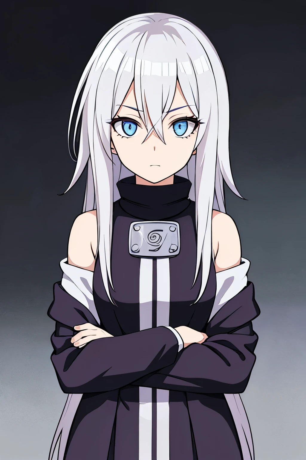 (high-quality, breathtaking),(expressive eyes, perfect face) portrait, Symmetrical Eyes, 1girl, female, solo, teenager, short height, white hair, white coloured eyes, byakugan, anime naruto art style, long hair, fluffy hair, feminine face, grey background, hallway background, detailed eyes, hyuga, Ōtsutsuki, naruto ninja attire, neutral expression, soft smile, purple and black clothing, white trim, long sleeves, white dress, hair between eyes, bare shoulders, jacket
