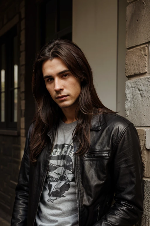 27 year old man with long dark brown hair, wearing a black rock shirt and a black leather jacket