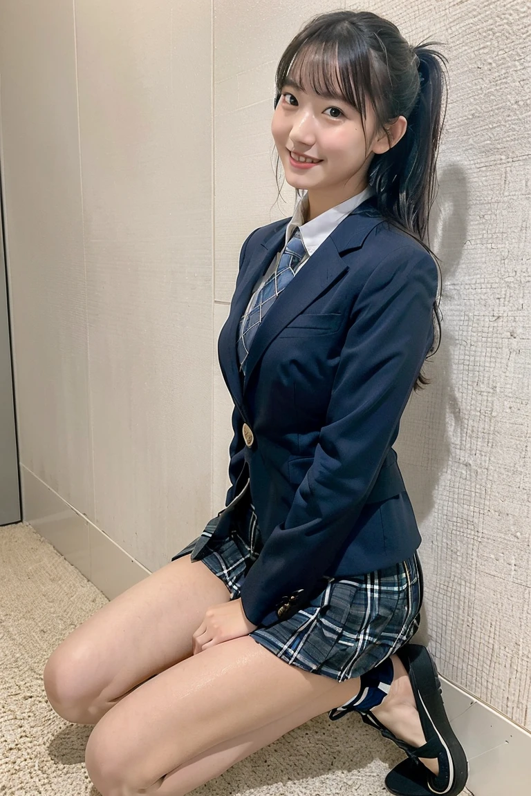 (8K), (highest quality: 1.2), (realistic), (realistic: 1.37), ultra high resolution, (1 girl、17 years old), cute, smile, closed mouth, beautiful details, beautiful nose, wet hair, giant dulcefo, pork, thighs,Self snap,High school Student Uniform,(A simple navy blue blazer),pleated skirt,(The skirt and tie are gray tartan check pattern....:1.3),(sitting:1), sit on the ground,(hug your feet:1),white pantyhose,from the front,knees、loafers、Low - Angle、From the front view、Checkered Pleated Skirt、Ponytail 1.2、Knee-high socks、barefoot、((Between the legs、Panties that fit the female genitals、White panties、膝を上げて、お尻を床に付けて座る))
