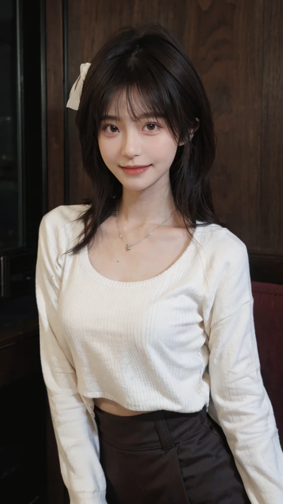 Best quality， Ultra-high resolution， （Realistically：1.4），Cute hairpin，Baoyu girl，1 Girl, Beautiful slim woman:1.4, Abdominal muscles:1.1, (Brown hair, Medium breasts:1.3), Long pink sweater:1.1, Solid color background,Ultra-thin face，Exquisite eyes，Double eyelids，Smile，Necklace